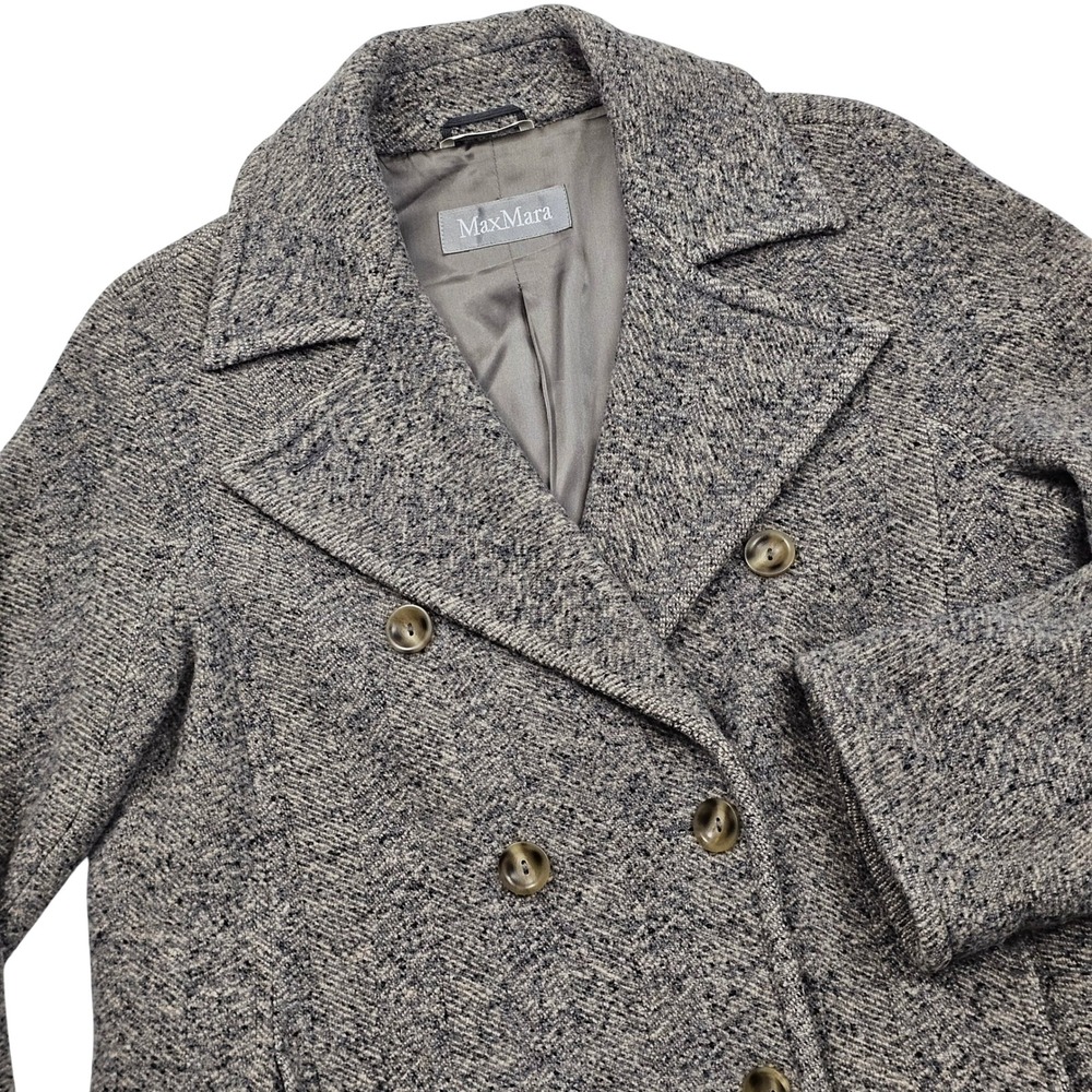 Max Mara Pea Coat Women Large Grey Black Wool Silk Tweed Double Breasted Italy